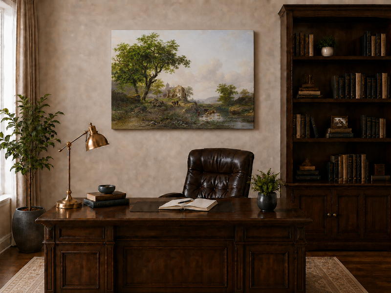 Landscape Oil Painting - Rural Stream, Livestock & Towered