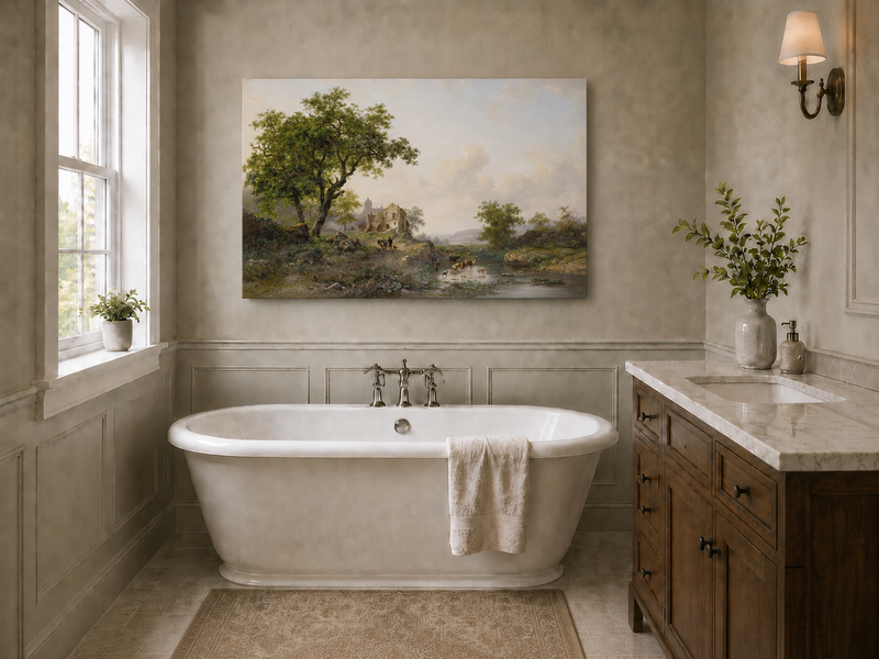 Landscape Oil Painting - Rural Stream, Livestock & Towered