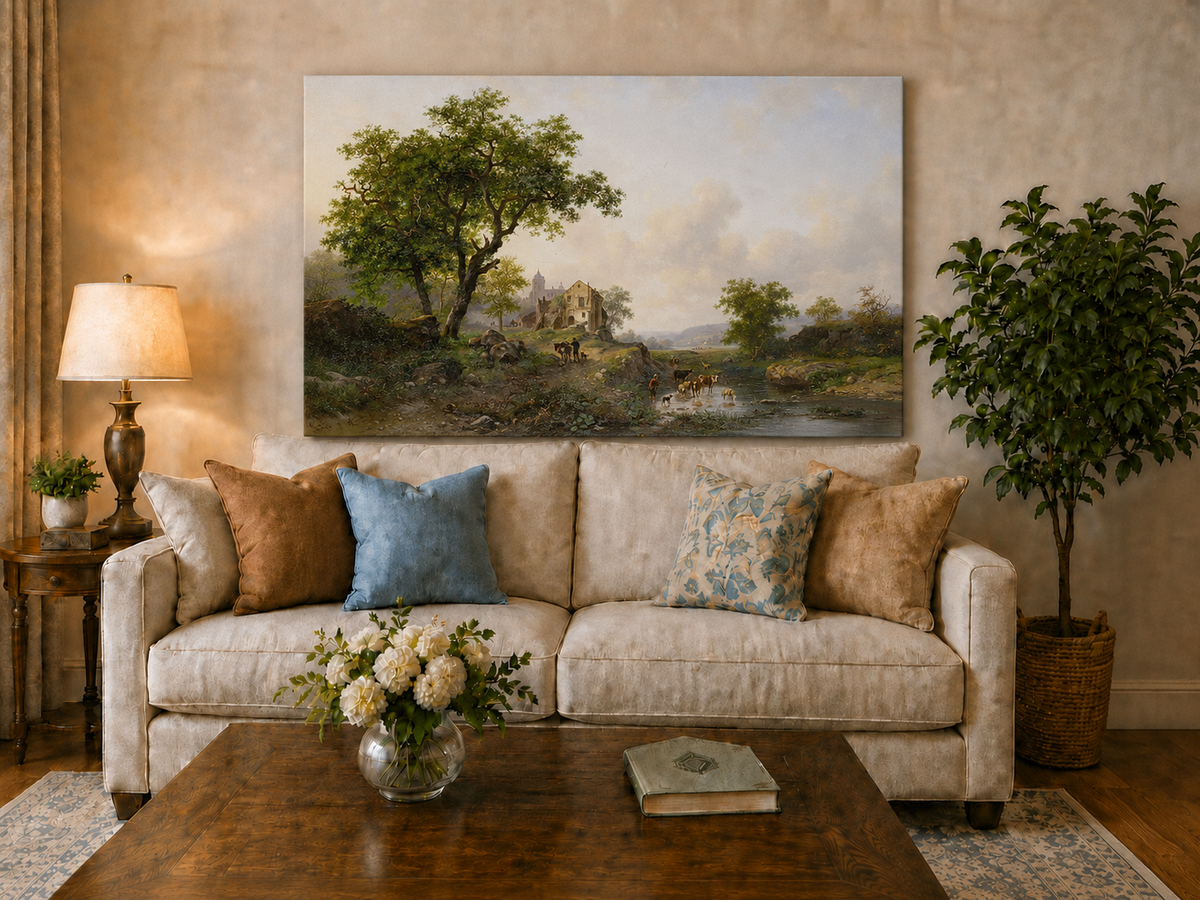 Landscape Oil Painting - Rural Stream, Livestock & Towered