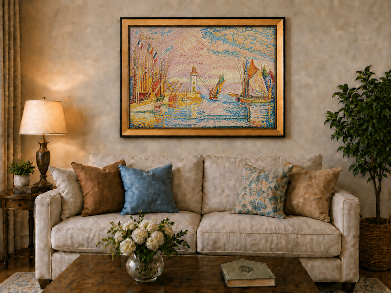 Landscape Oil Painting - Colorful Harbor with Lighthouse