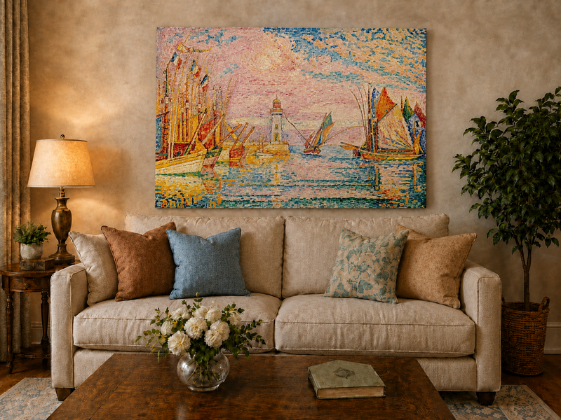 Landscape Oil Painting - Colorful Harbor with Lighthouse