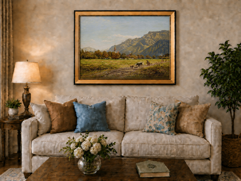 Landscape Oil Painting - Interlaken Mountain Meadow with Church