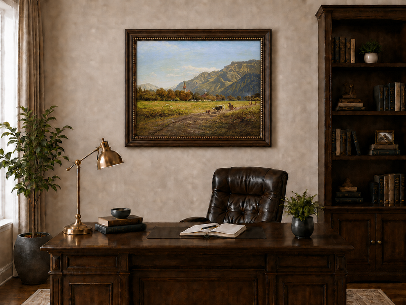 Landscape Oil Painting - Interlaken Mountain Meadow with Church