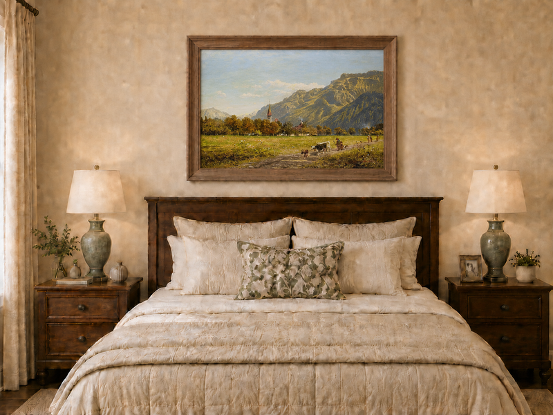 Landscape Oil Painting - Interlaken Mountain Meadow with Church