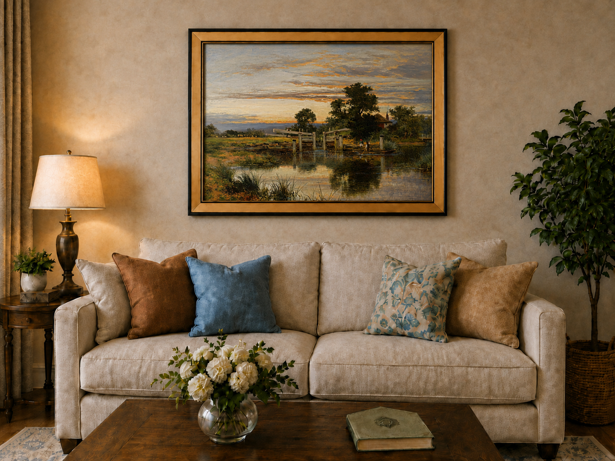 Peinture à l'huile de paysage - Village côtier avec phare et coucher de soleil