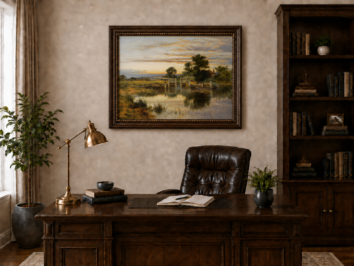 Peinture à l'huile de paysage - Village côtier avec phare et coucher de soleil