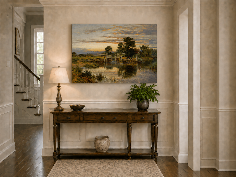 Peinture à l'huile de paysage - Village côtier avec phare et coucher de soleil