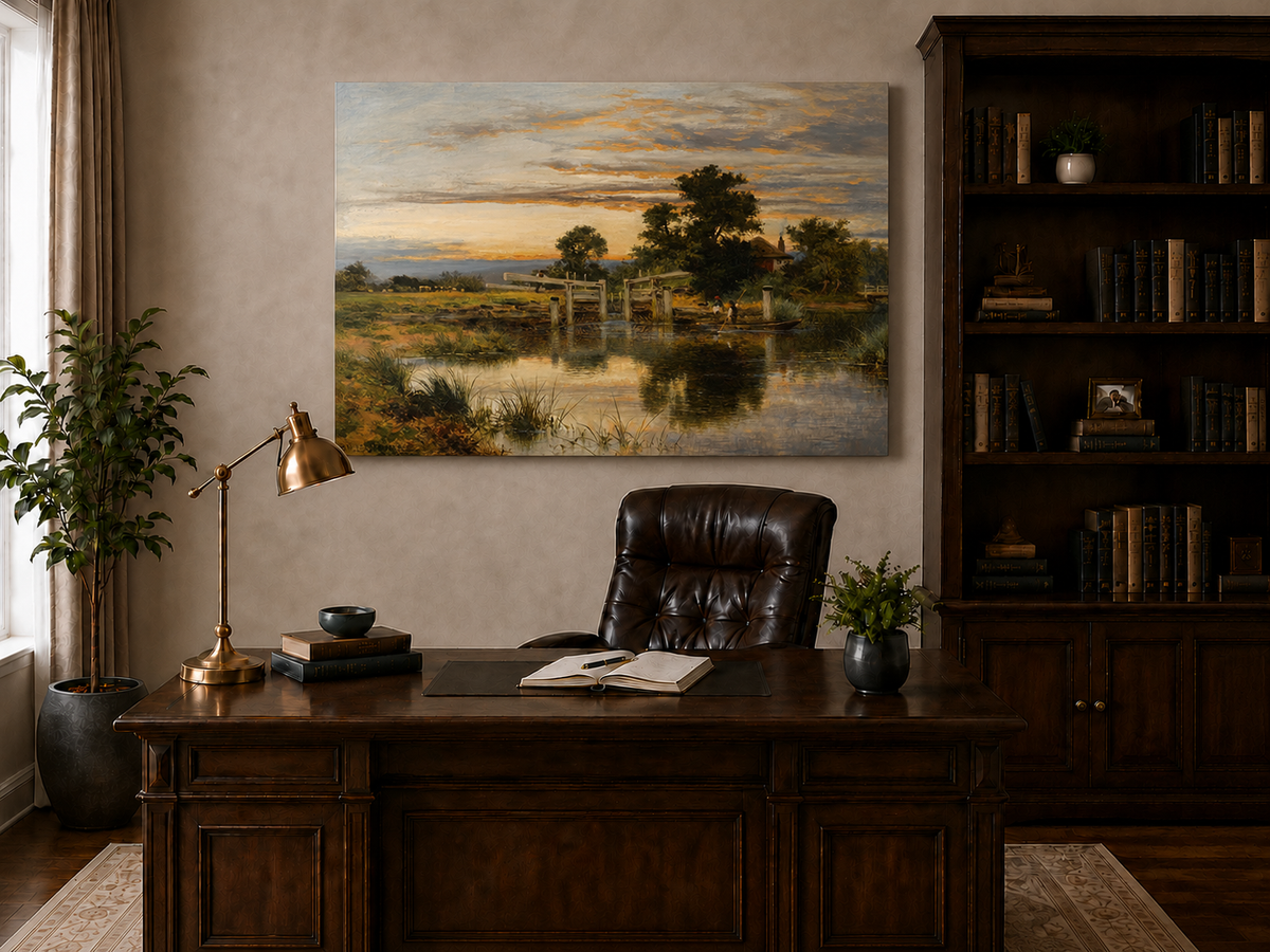 Peinture à l'huile de paysage - Village côtier avec phare et coucher de soleil