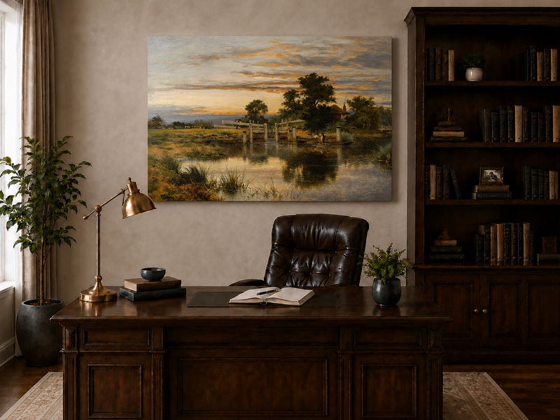 Peinture à l'huile de paysage - Village côtier avec phare et coucher de soleil