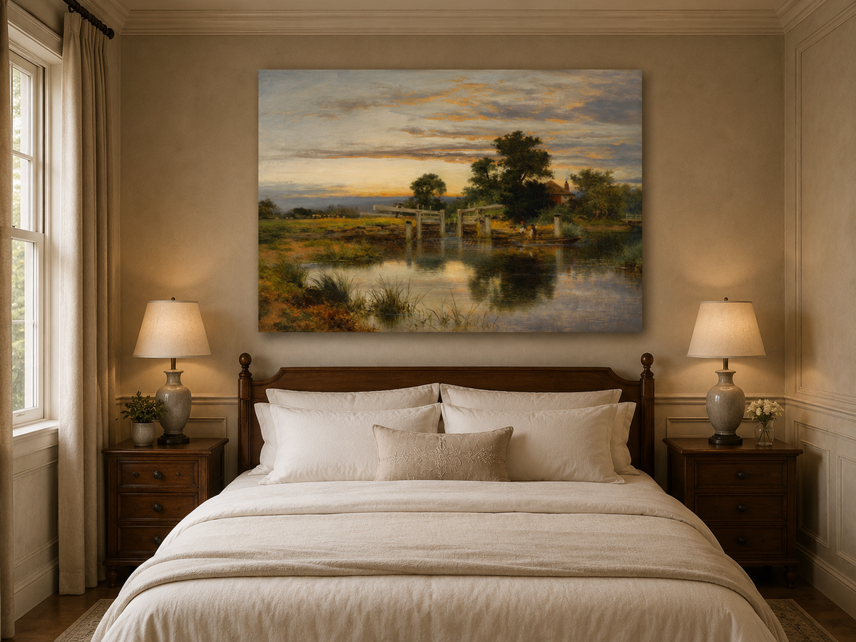 Peinture à l'huile de paysage - Village côtier avec phare et coucher de soleil