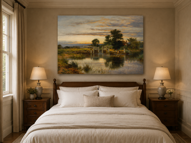 Peinture à l'huile de paysage - Village côtier avec phare et coucher de soleil