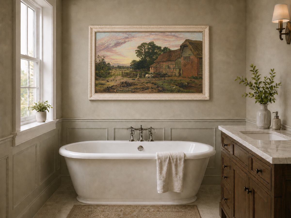 Landscape Oil Painting - Rural Dusk, Poultry & Country Buildings