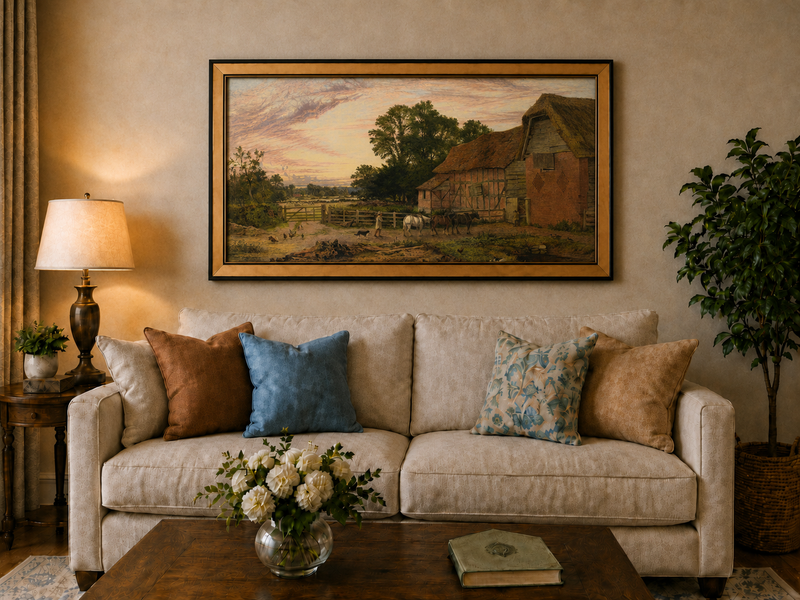 Landscape Oil Painting - Rural Dusk, Poultry & Country Buildings