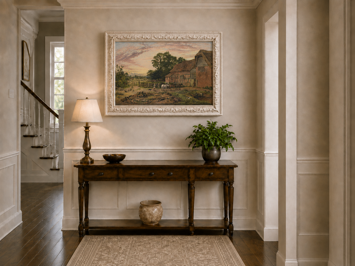 Landscape Oil Painting - Rural Dusk, Poultry & Country Buildings