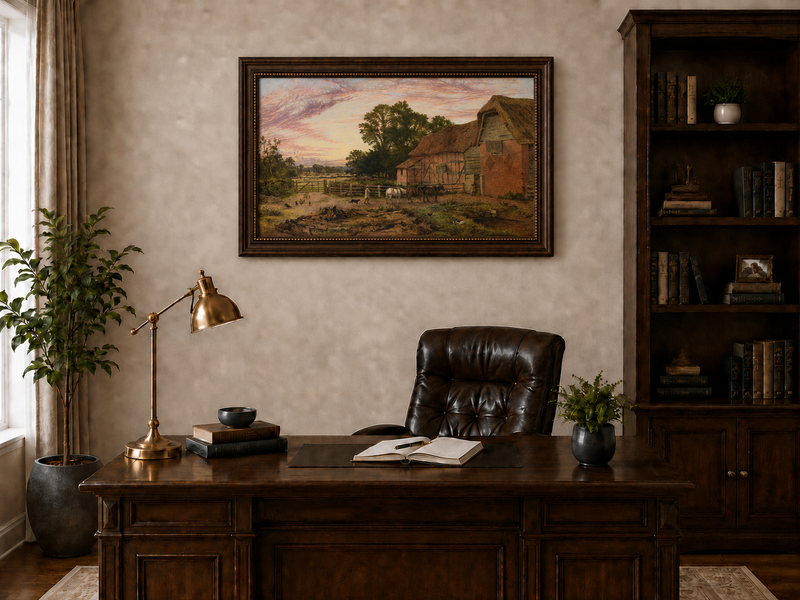Landscape Oil Painting - Rural Dusk, Poultry & Country Buildings