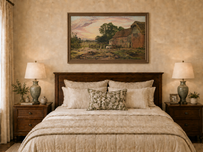 Landscape Oil Painting - Rural Dusk, Poultry & Country Buildings