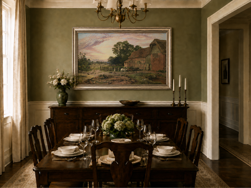 Landscape Oil Painting - Rural Dusk, Poultry & Country Buildings