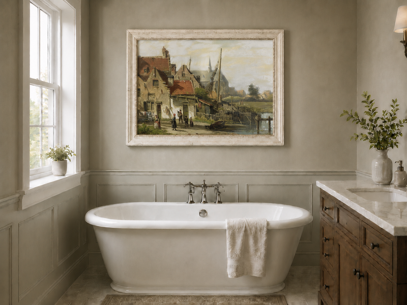 Peinture à l'huile de paysage - Village en bord de rivière | Peint à la main