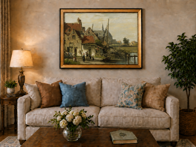 Peinture à l'huile de paysage - Village en bord de rivière | Peint à la main