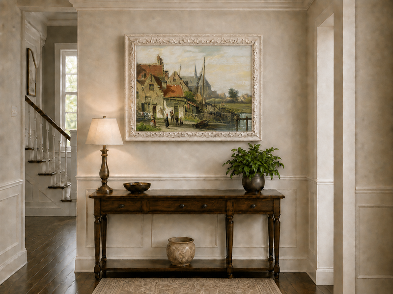 Peinture à l'huile de paysage - Village en bord de rivière | Peint à la main