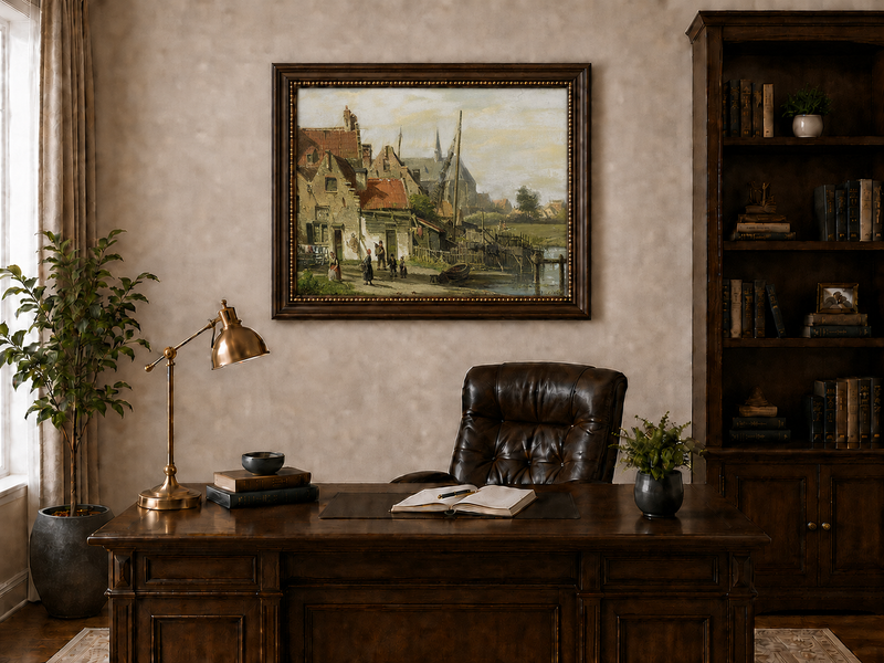 Peinture à l'huile de paysage - Village en bord de rivière | Peint à la main