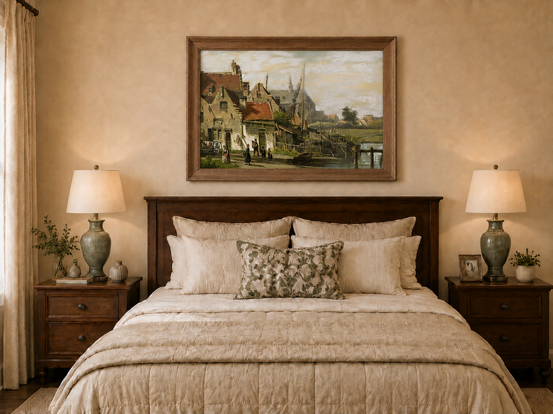 Peinture à l'huile de paysage - Village en bord de rivière | Peint à la main
