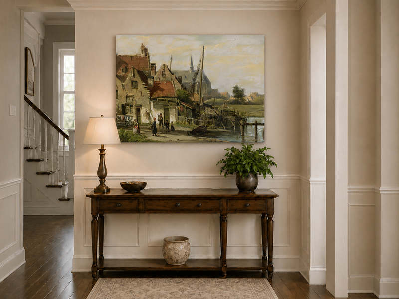 Peinture à l'huile de paysage - Village en bord de rivière | Peint à la main