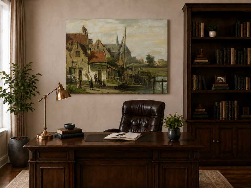 Peinture à l'huile de paysage - Village en bord de rivière | Peint à la main
