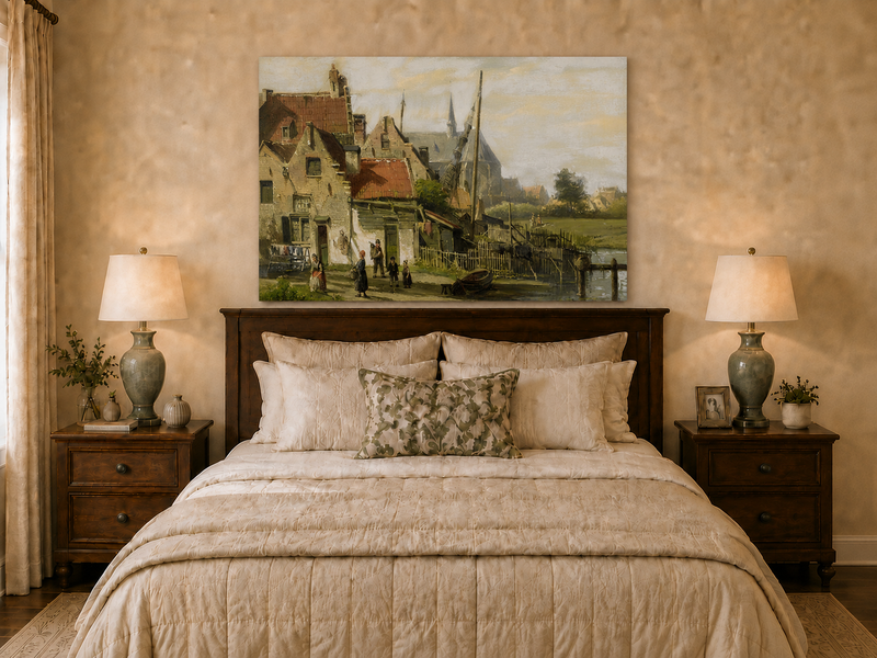 Peinture à l'huile de paysage - Village en bord de rivière | Peint à la main
