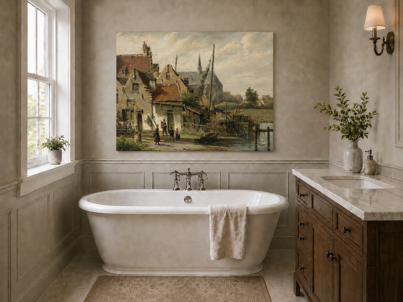 Peinture à l'huile de paysage - Village en bord de rivière | Peint à la main