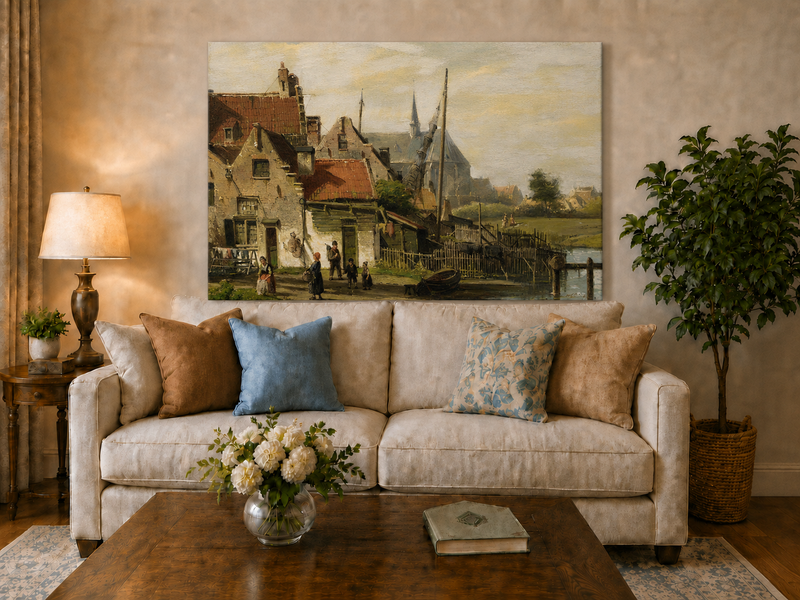 Peinture à l'huile de paysage - Village en bord de rivière | Peint à la main