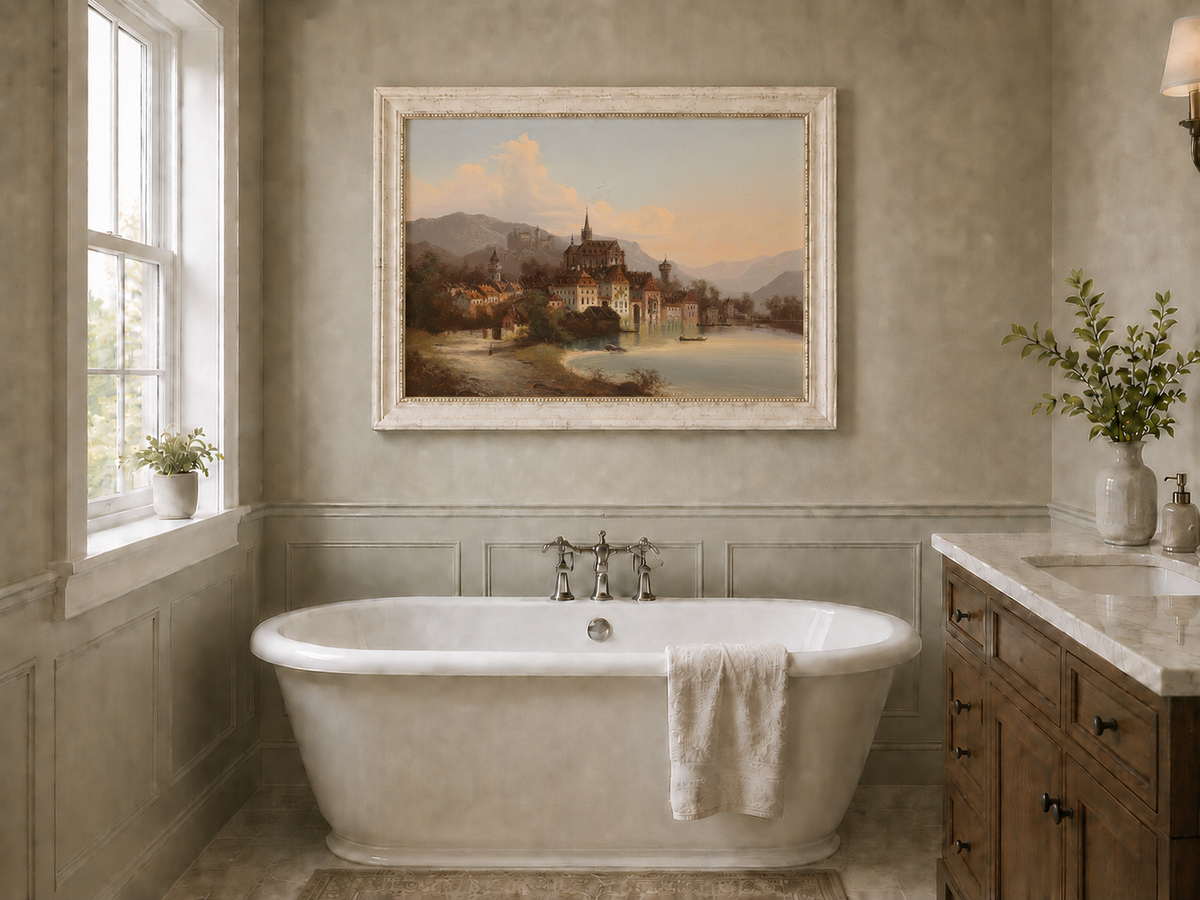 Landscape Oil Painting - European Lakeside Castle Town