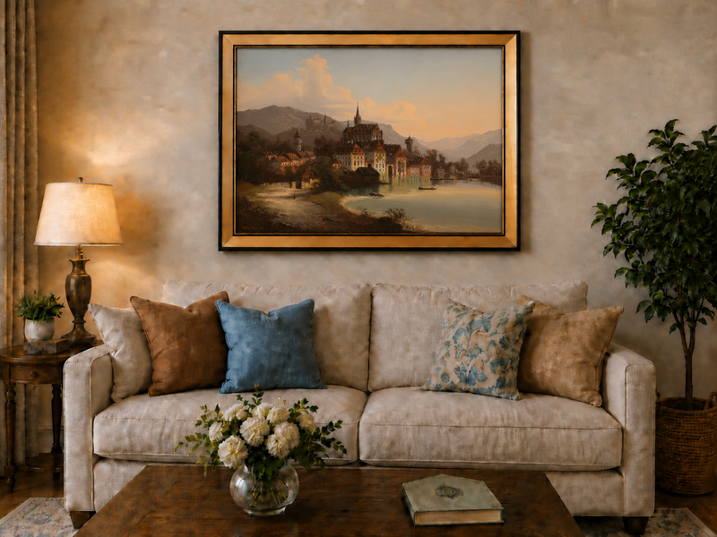 Landscape Oil Painting - European Lakeside Castle Town