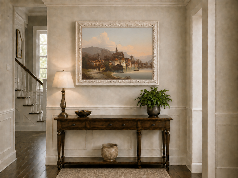 Landscape Oil Painting - European Lakeside Castle Town