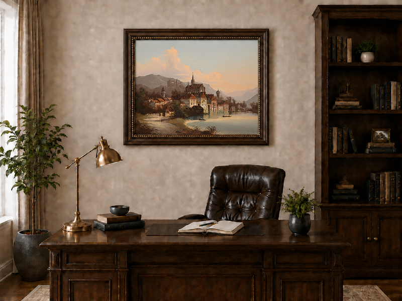 Landscape Oil Painting - European Lakeside Castle Town