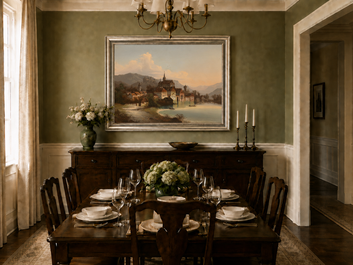 Landscape Oil Painting - European Lakeside Castle Town