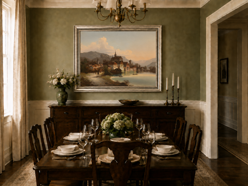 Landscape Oil Painting - European Lakeside Castle Town