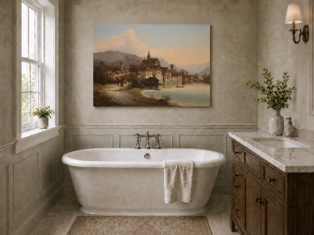 Landscape Oil Painting - European Lakeside Castle Town