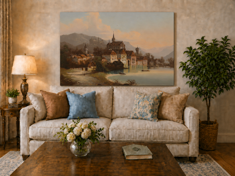 Landscape Oil Painting - European Lakeside Castle Town