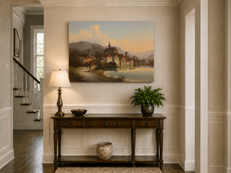 Landscape Oil Painting - European Lakeside Castle Town