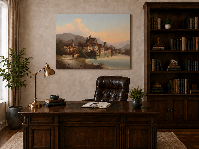 Landscape Oil Painting - European Lakeside Castle Town