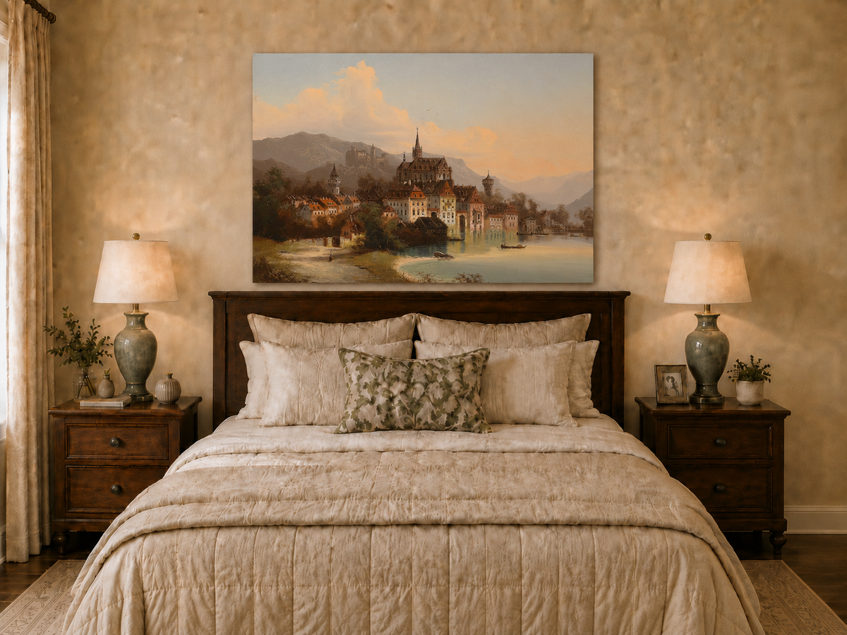 Landscape Oil Painting - European Lakeside Castle Town