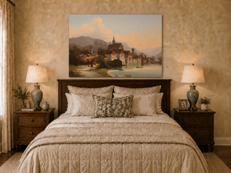Landscape Oil Painting - European Lakeside Castle Town