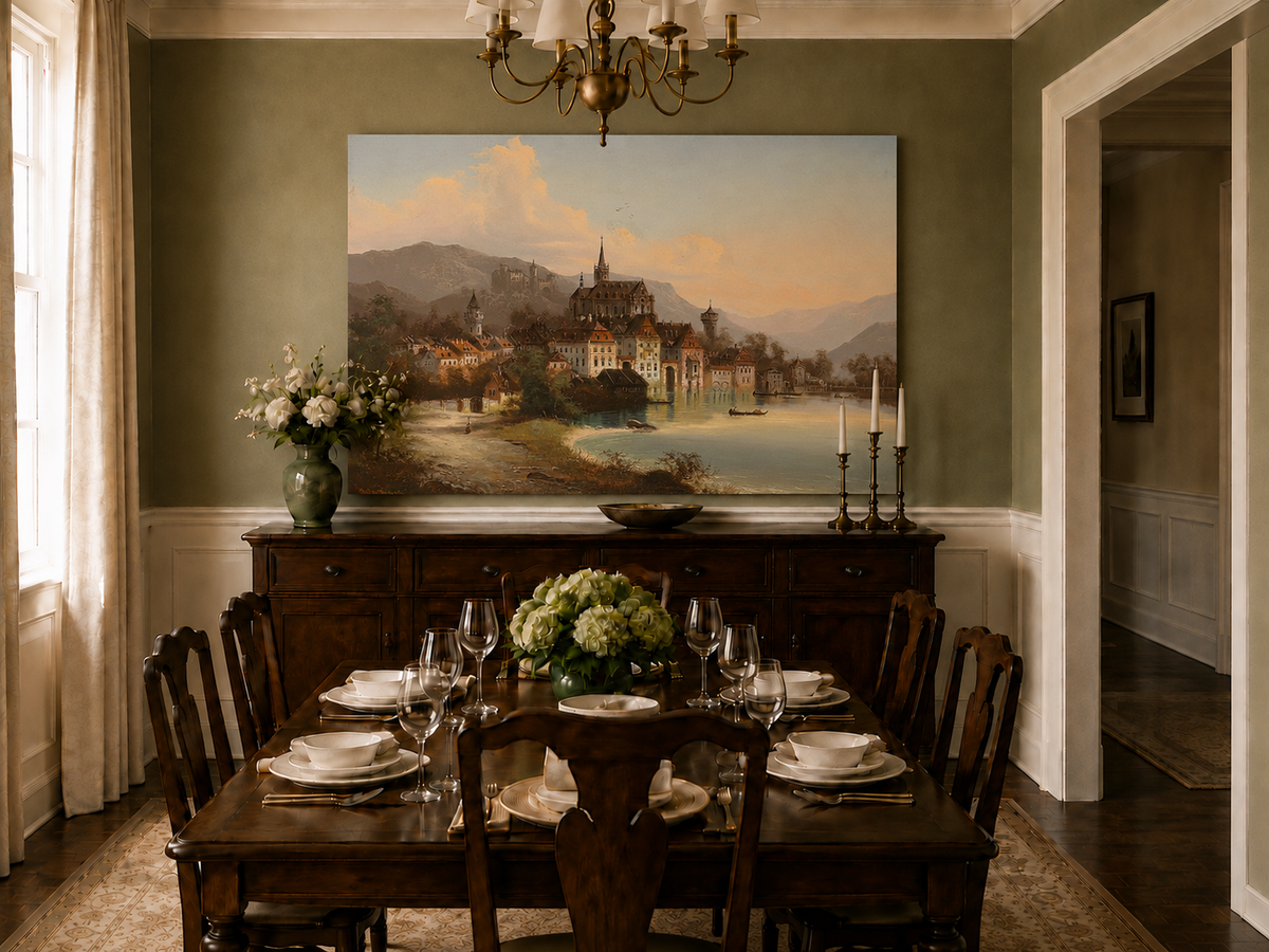 Landscape Oil Painting - European Lakeside Castle Town