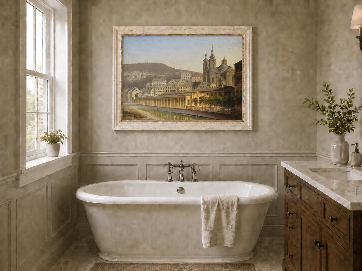 Landscape Oil Painting - European Riverside City with Cathedral