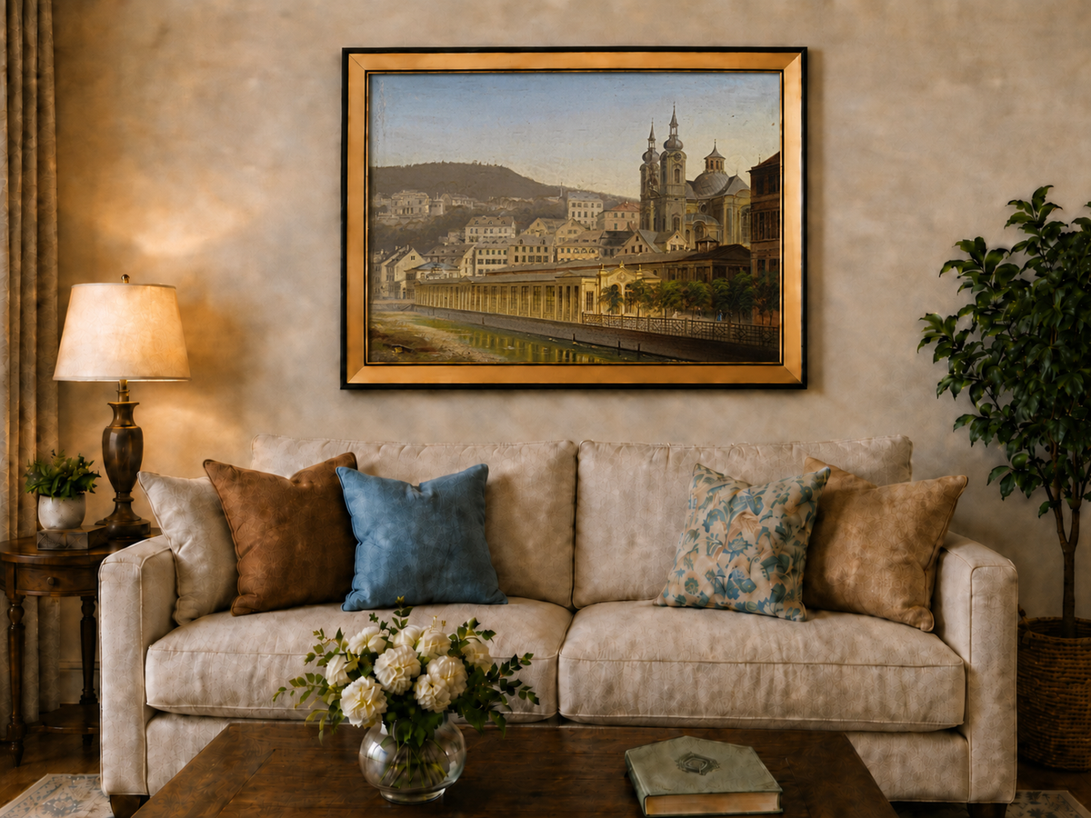 Landscape Oil Painting - European Riverside City with Cathedral