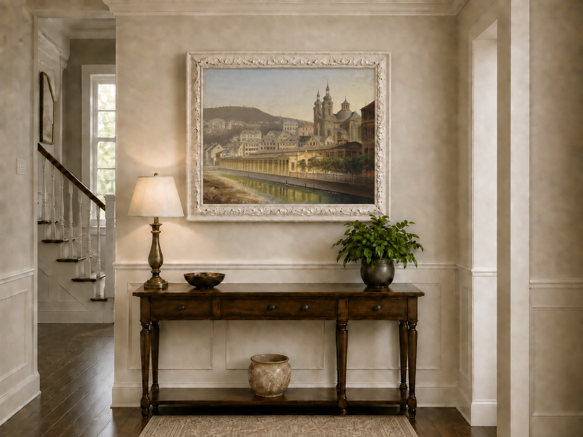 Landscape Oil Painting - European Riverside City with Cathedral