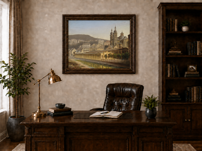 Landscape Oil Painting - European Riverside City with Cathedral