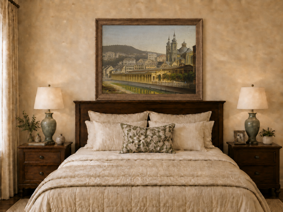 Landscape Oil Painting - European Riverside City with Cathedral