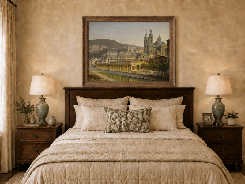 Landscape Oil Painting - European Riverside City with Cathedral